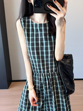 日系高格调~气质法式休闲显瘦背心复古格子无袖连衣裙25新G071101