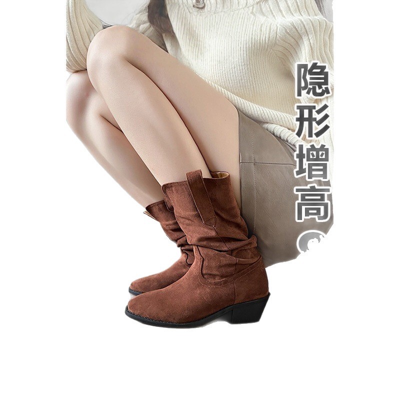 羊皮版赵露思同款尖头堆堆靴短靴女高跟复古西部牛仔骑士靴马丁靴|undefined