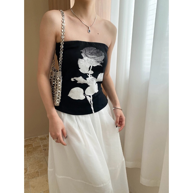 Sinan Wearing Top Life Artistic Vacation Spotted Flowers Slim-fit Design Sense Strapless Vest SN7411