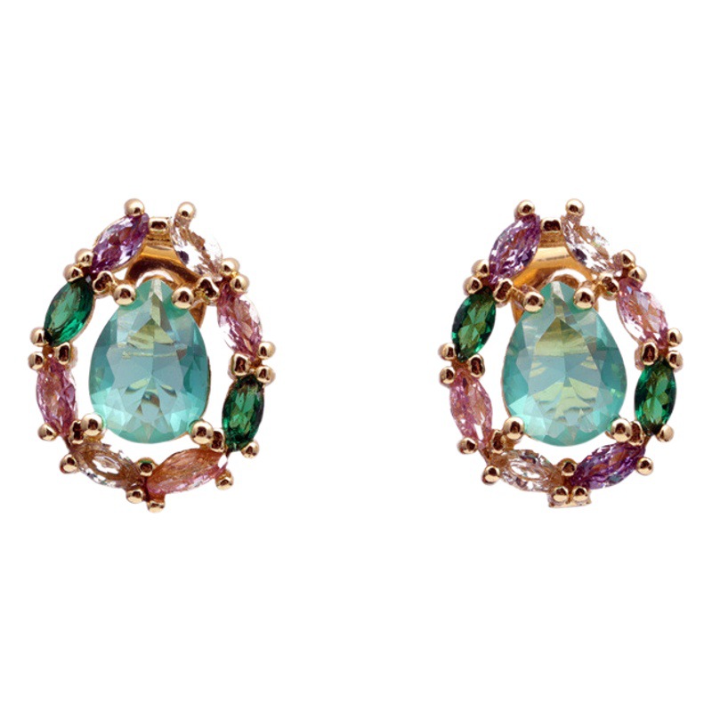 Transfronterizo europeo y americano cobre chapado en oro colorido ZIRCON forma de gota de agua geométrica pendientes de nicho femenino ZIRCON verde