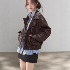 一颗小野莓美式棕色高级感皮衣外套女2025秋季新款设计感短款夹克