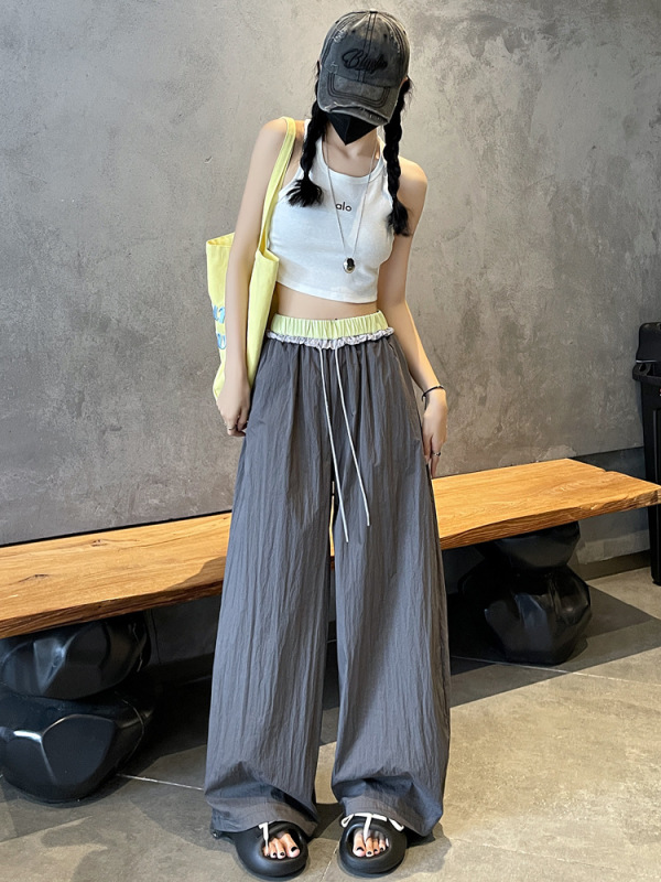 コントラストカラーデザインのアウトドア登山パラシュートパンツ女性の夏薄い速乾性スポーツパンツ日焼け止めアイスシルクワイドレッグパンツ|undefined
