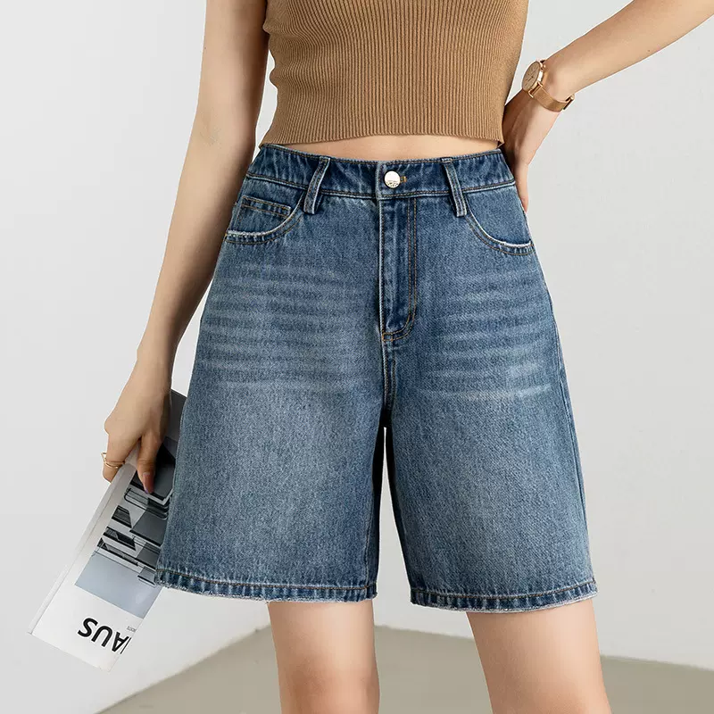 复古牛仔短裤女夏季薄款高腰中裤2024新款宽松阔腿a字五分裤子