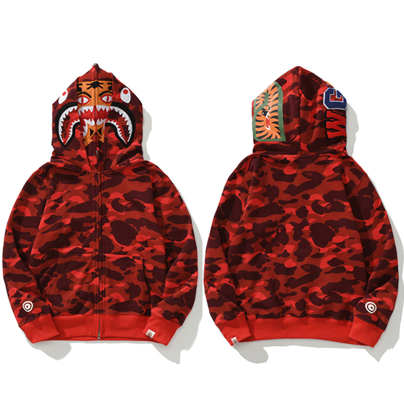 猿人APE サメと虎の頭刺繍入り迷彩柄ダブルハットスウェットシャツ メンズ ゆったりカーディガン ジップアップフード付きジャケット 夜光
