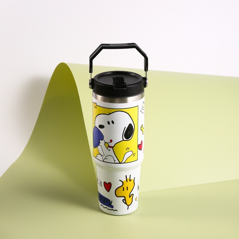 Nuevo 30oz taza de coche patrón de dibujos animados de gran capacidad de acero inoxidable termo de vacío taza de alta apariencia portátil mango de hielo