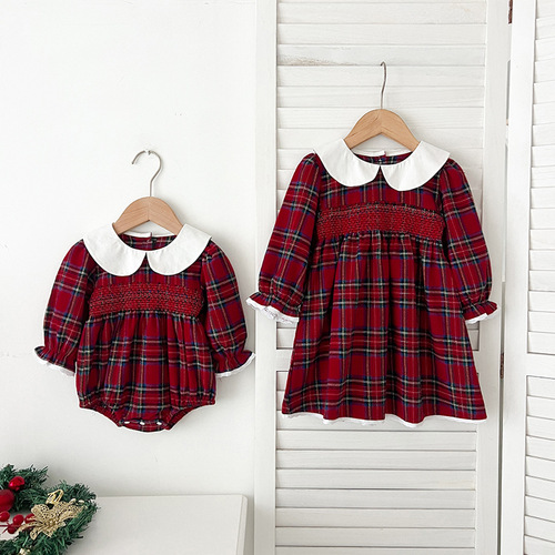 Girls' Christmas Dress for Baby Girls Spring and Autumn Long Sleeve Baby Crawling Suit First Birthday Dress Sister Set