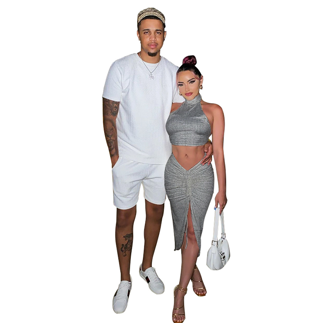 Summer Women Clothing Solid Color round Neck Cropped Backless Top Drawstring Mid Length Dress Set