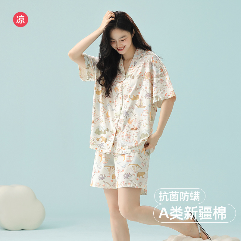 [Antibacterial and Anti-mite] Summer Pajamas Women's Cotton Class A Short-sleeved Cardigan Floral Mori plus size Home Clothes Set