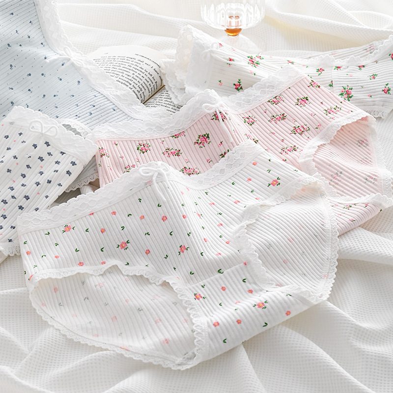 Sweet Bow Lace Edge Small Floral Threaded Underwear Women's Briefs Hip-Covering Breathable Mid-Waist Women's Underwear