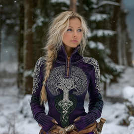 外贸跨境2025亚马逊春秋款欧美女装时尚潮流卫衣3d印花半拉链上衣