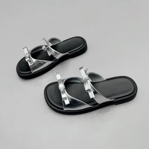 Bow tie flat slippers for women's summer wear 2026 new fashionable all-matching open-toe single-string sandals women's shoes