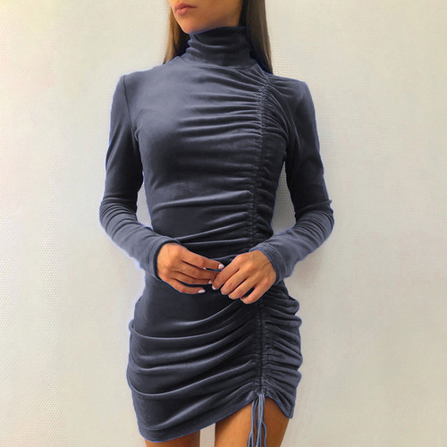 2022 European and American Autumn and Winter Suede Drawstring High Neck Dress Women's Autumn Fashion Long Sleeve Tight Hip Cover Dress Skirt