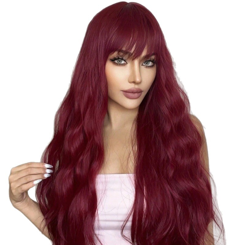 Estilo europeo y americano Cosplay pequeño rizado flequillo Rosa rojo largo pelo rizado onda grande cabeza completa cubierta realista Peluca de las mujeres