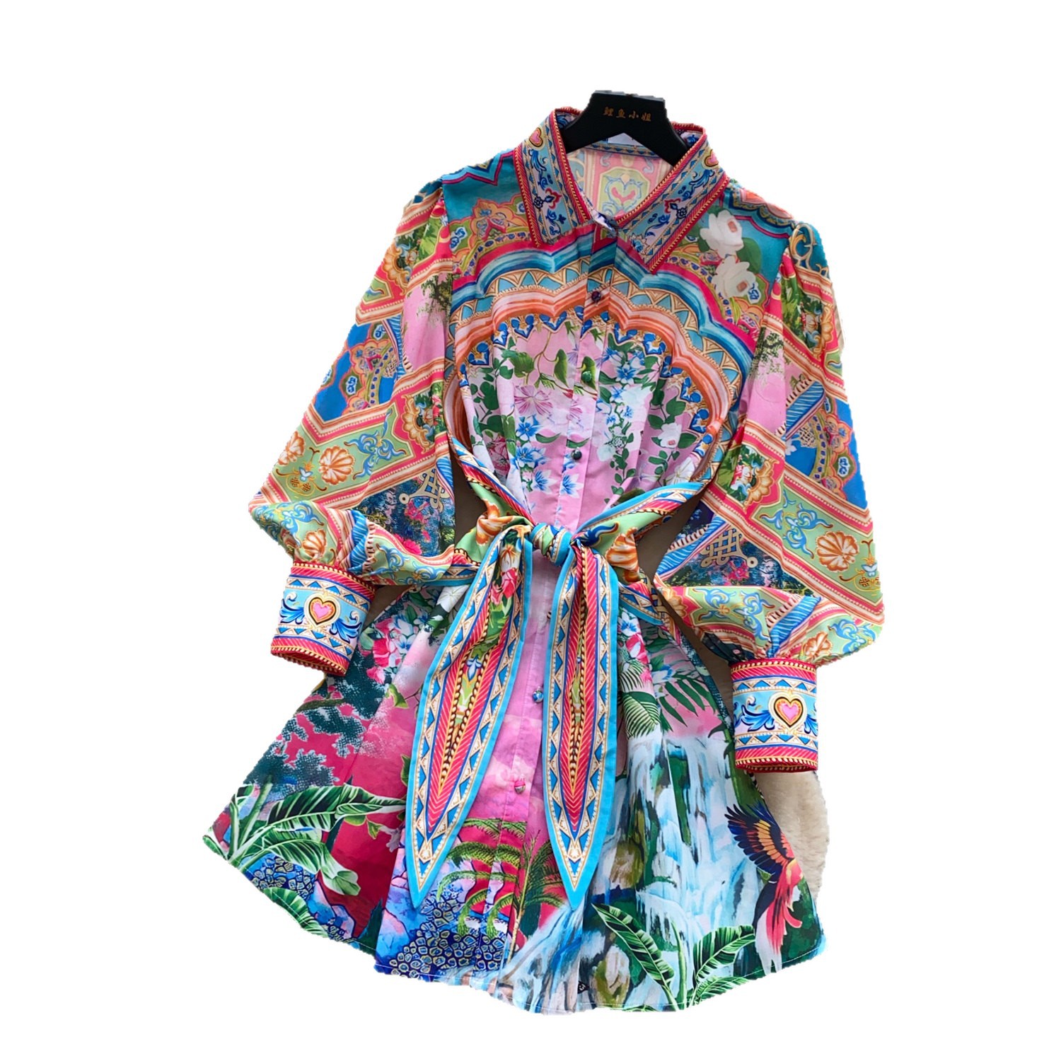 Women's Bohemian Print Dress Korean Style Long Sleeve Shirt Collar Tie Waist Cinching a Line Skirt for Vacation Summer_ecoleips.com
