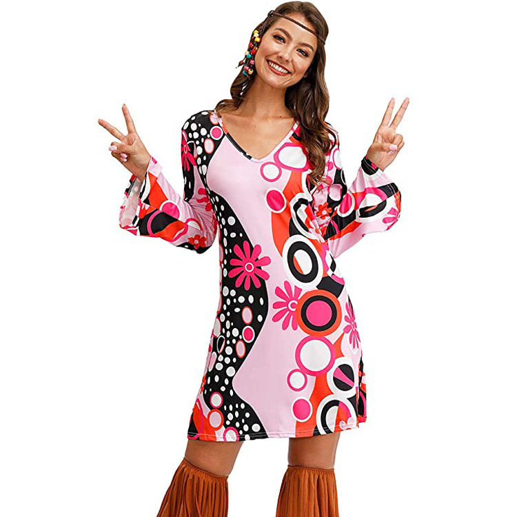 Amazon Halloween 2024 Cross-border European and American Women's Clothing 1970 s Hippie Costume Printed dress Women
