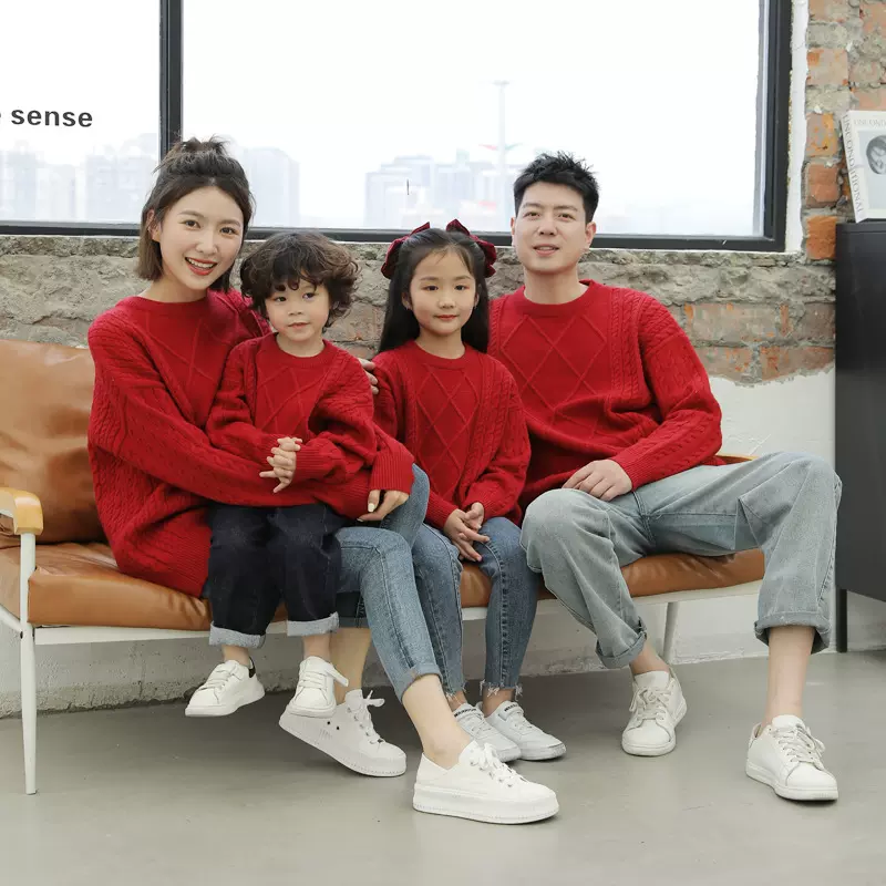 亲子装 全家装亲子装母女父子一家三四口親子裝红色羊毛套头毛衫