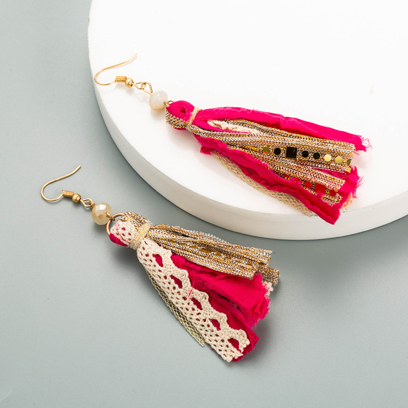 Bohemian Fabric Tassel Lace Long Earrings display picture 5