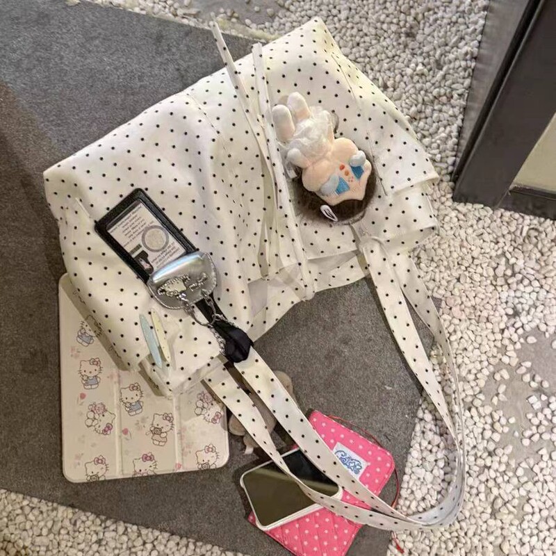 Korean-Style Polka Dot Canvas Tote Bag with Unique Design, Casual Style for Women, Large Capacity, Versatile for Commuting, Multi-Pocket Shoulder Bag