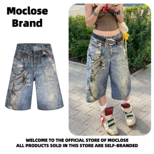 Moclose American Street Spring and Summer Casual Digital Printed Loose Men's and Women's Trendy Denim Cropped Shorts
