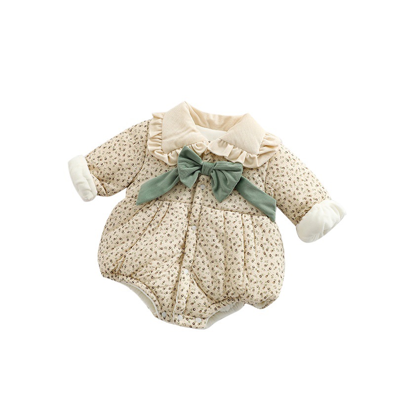 Bebé de las niñas de estilo coreano acolchado de lana forrado engrosado invierno ropa de algodón acolchado ropa de vaina ins bebé floral mameluco a juego