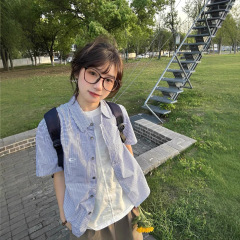 アメリカンレトロブルー半袖チェック柄ポロカラーシャツジャケット女性の夏の新しいルーズカップルカジュアルトップ