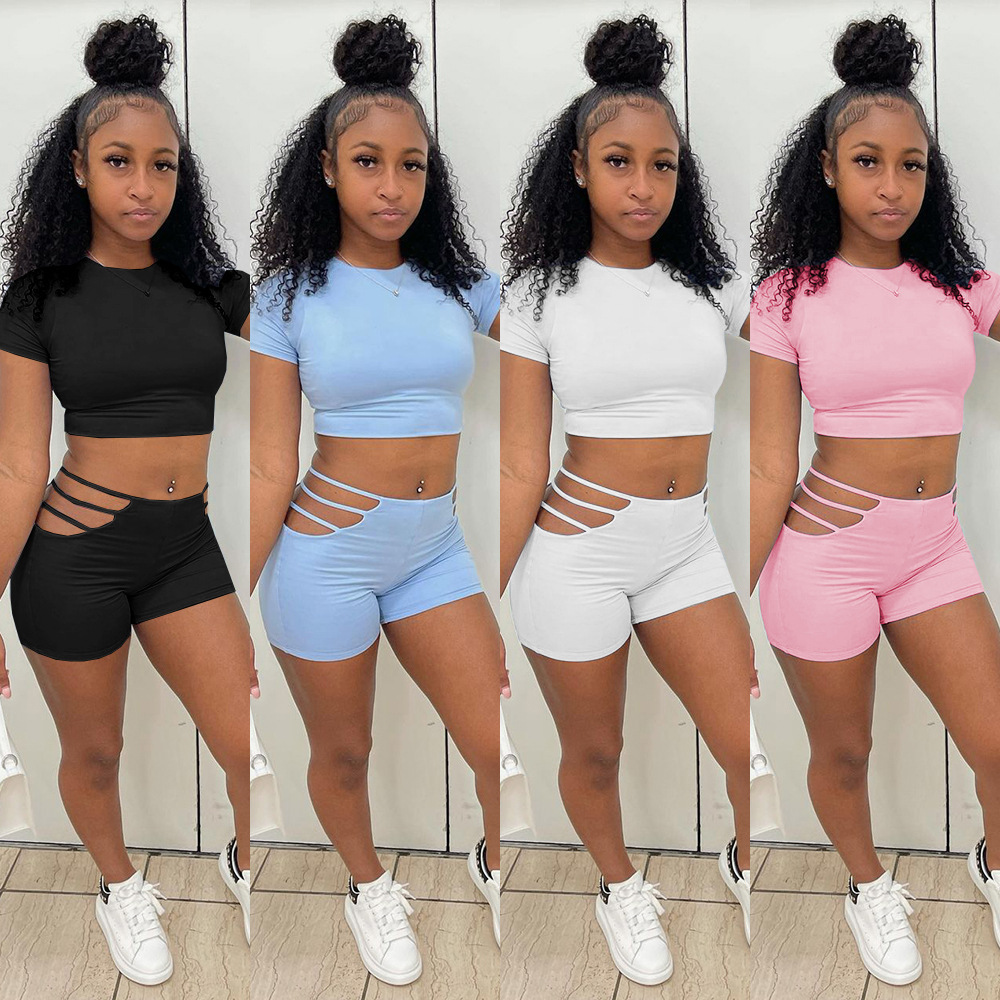 G7028 European and American women's clothing Amazon summer new fashion casual sports sexy solid color two-piece set