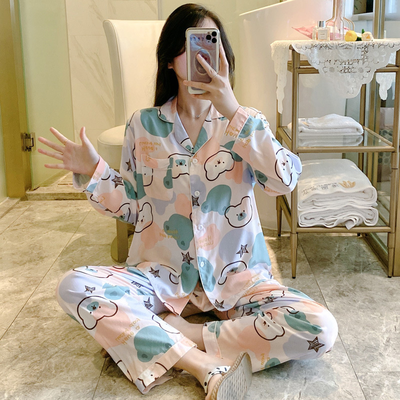 Cotton Silk Pajamas for Women, Large Size Home Wear Set, Casual Breathable Printed Pajamas, Pajama Pants, Long-Sleeved Cardigan Pajamas for Women Cotton Silk Pajamas for Women, Large Size Home Wear Set, Casual Breathable Printed Pajamas, Pajama Pants, Long-Sleeved Cardigan Pajamas for Women