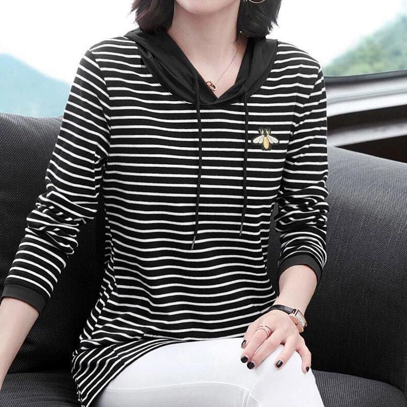 Женская футболка с длинными рукавами, весна-осень 2025, тонкая, средней длины, больших размеров, свободного кроя, в корейском стиле, полосатая, базовая рубашка на осень.