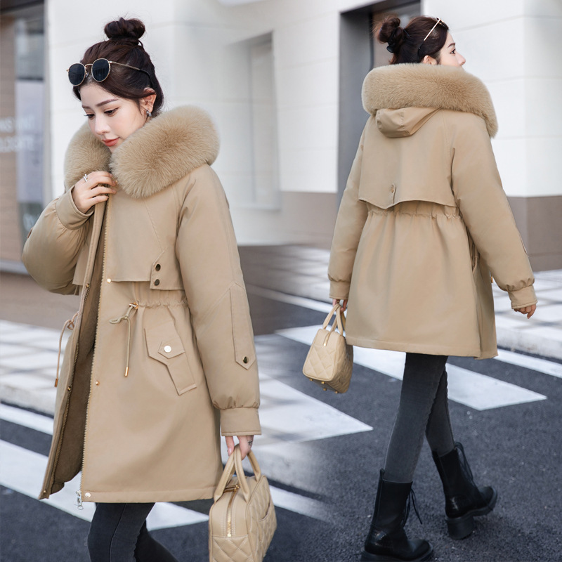 6XL Large Size Winter Clothing with Large Fur Collar, Mid-Length Parka Cotton Jacket, Women's Fashionable Cotton Jacket, Fleece-Lined Cotton Jacket