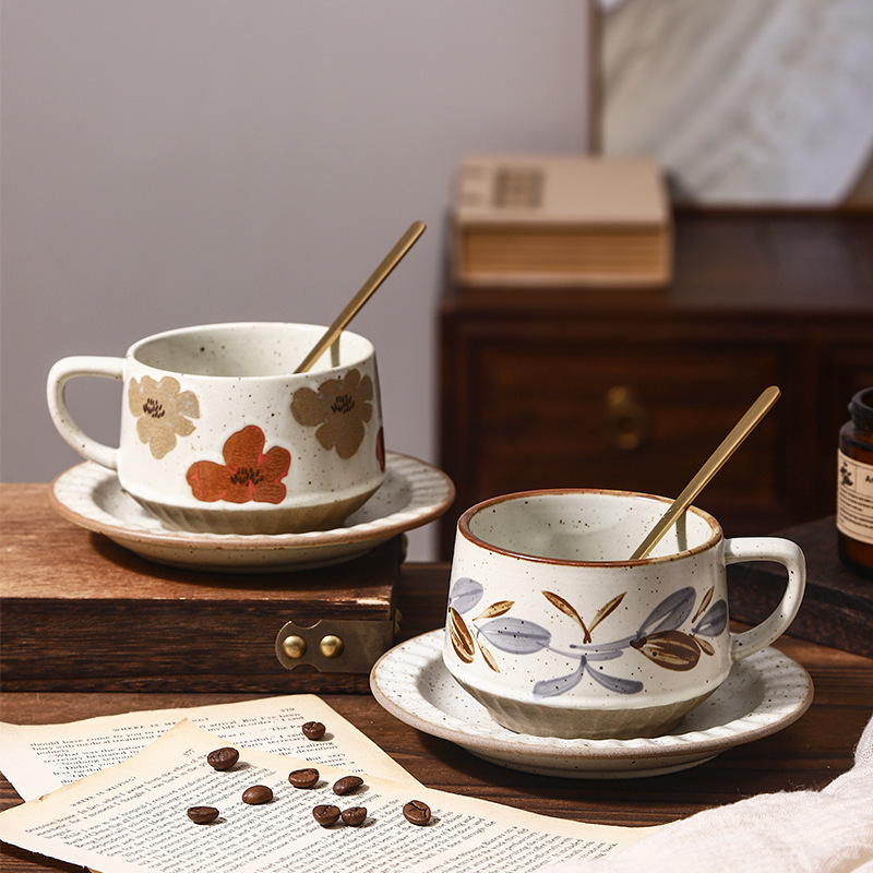 Taza de café comercial juegos de taza de café retro taza de café con flores simple taza de té de leche de flores taza de cerámica japonesa taza de platos al por mayor