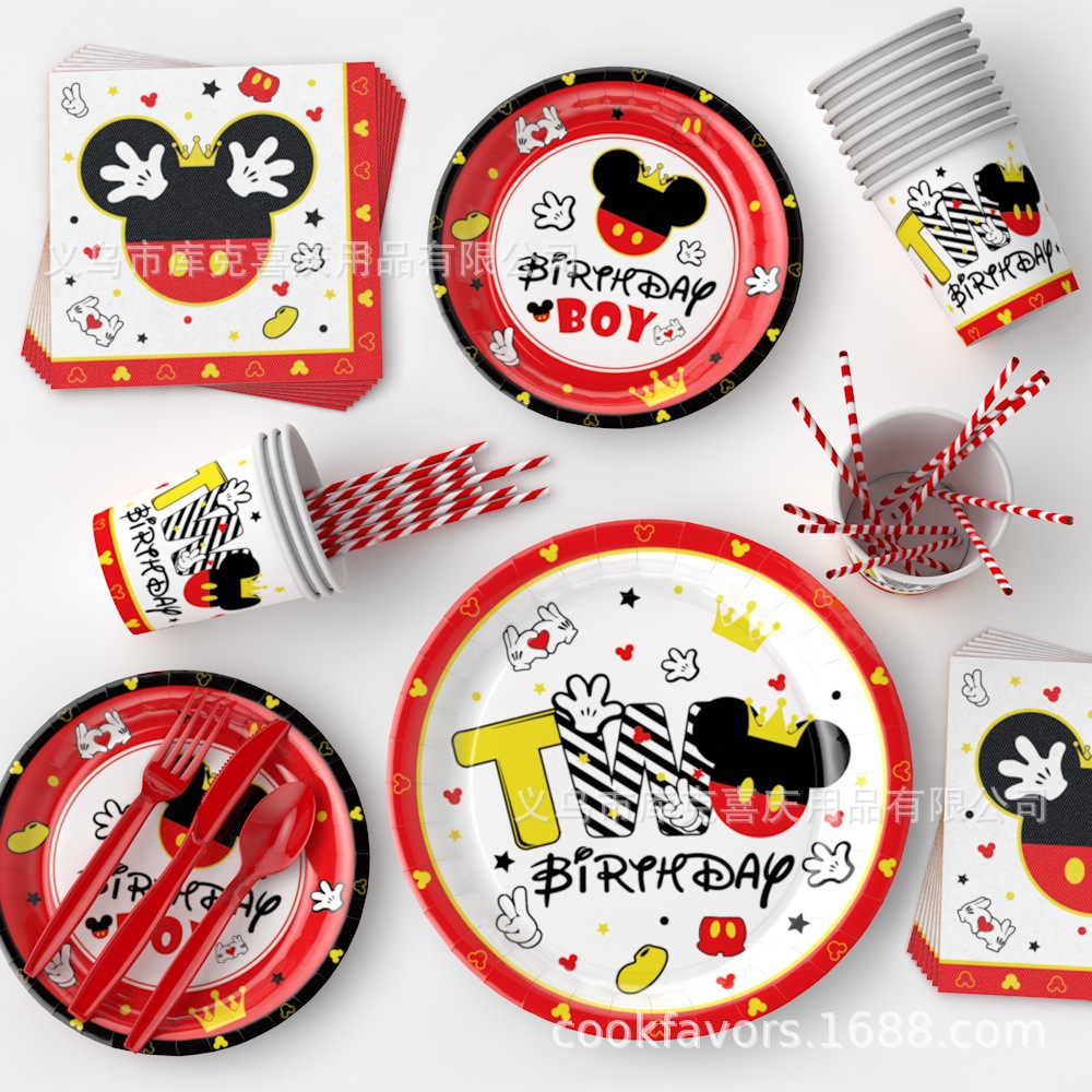 Amazon Black Red Mickey 1 cumpleaños artículos de decoración de fiesta bandeja de papel desechable taza de papel toalla de papel juego de decoración