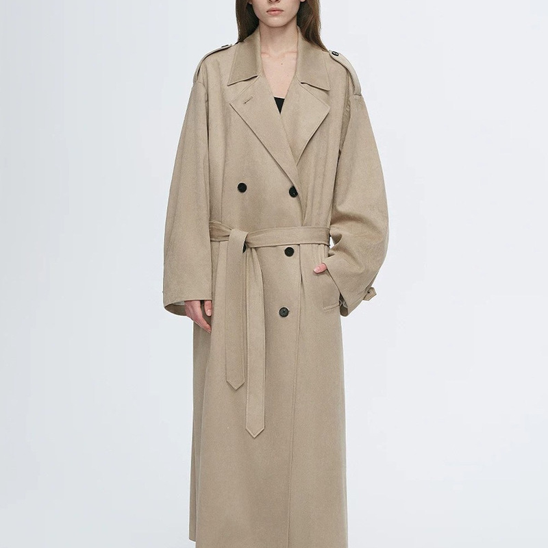 British-style micro-velvet khaki long silhouette trench coat for women, elegant and loose-fitting, slimming, autumn coat