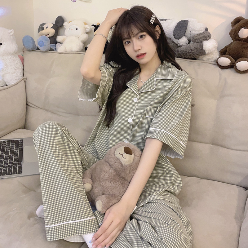 TikTok Live Hot Pajamas Women's Summer Muji Plaid Short-sleeved Trousers Korean-style ins Style Home Clothes Women