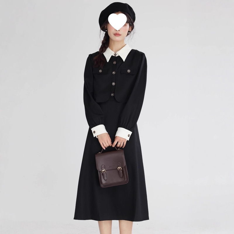 2025 Spring and Autumn New College Style Formal Occasion Teacher Interview Fake Two-Piece Patchwork Color-Block Polo Dress