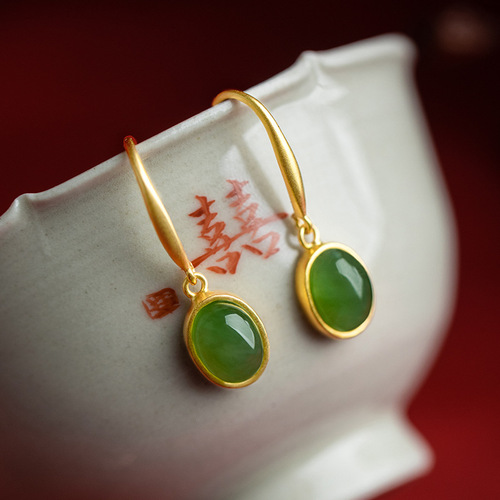 Jewelry live supply court-style design ancient style gold-plated temperament lady earrings with jade inlay from Hetian jade
