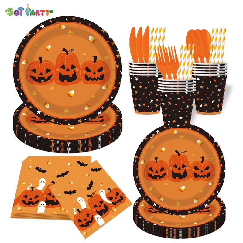 Halloween pumpkin disposable paper plates, paper cups, paper napkins set, birthday party decoration supplies, venue decoration props Halloween pumpkin disposable paper plates, paper cups, paper napkins set, birthday party decoration supplies, venue decoration props