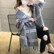 2024毛衣格子開衫新款斗篷蝙蝠袖中長款針織外套秋季女裝披肩寬松