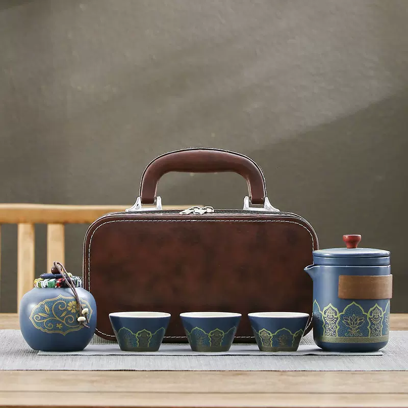 古韵皮包快客杯一壶三杯旅行便携式茶具套装公司开业商务活动礼品