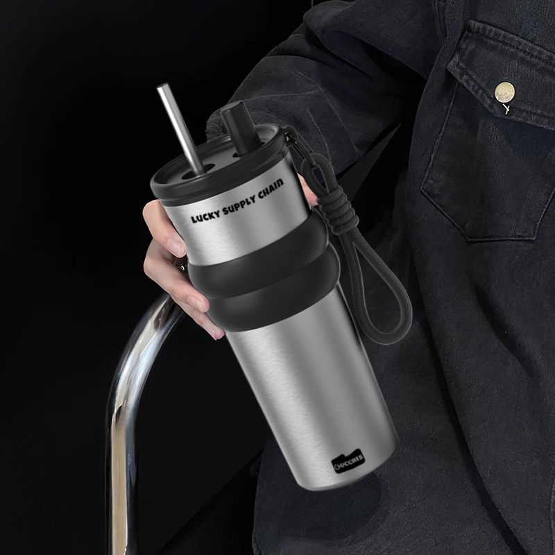 ポータブルコーヒーカップ、シンプルカップ、女性用大容量ウォーターカップ、車用ストローカップ、高価値セラミックライナー魔法瓶カップ|undefined