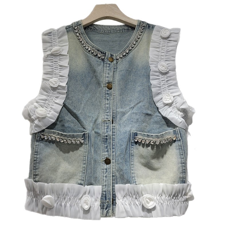 Dulce diseño de flores tridimensionales chaleco de vaquero para mujeres 2026 primavera y verano nuevo estilo estilo estilo exterior versátil chaqueta retro
