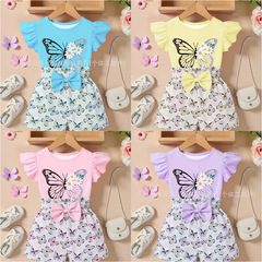 Kids Summer two-piece set 女童印花短袖短裤两件套可爱童装批发