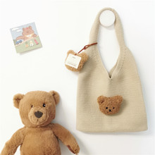ins风刺绣小熊头 儿童手提毛线针织包幼儿园宝宝手提袋妈咪手提包