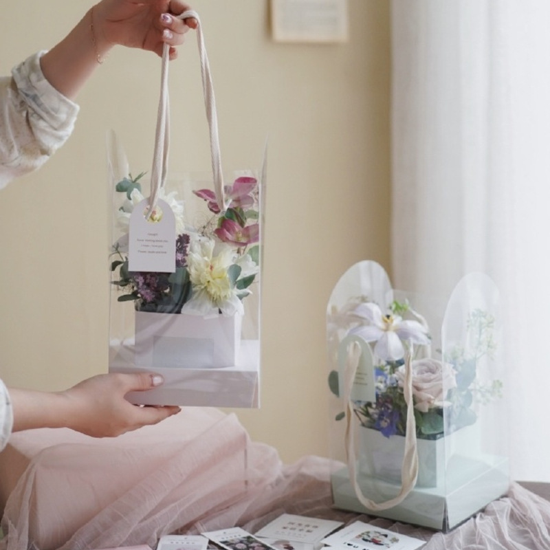 pvc全景透明手提鲜花盒透明礼盒鲜花绿植包装艺花店鲜花材料资材