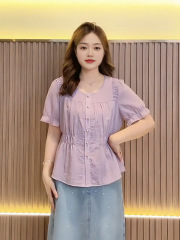 大码胖法式甜美温柔风设计感短袖上衣女夏季宽松遮肚子显瘦小衫