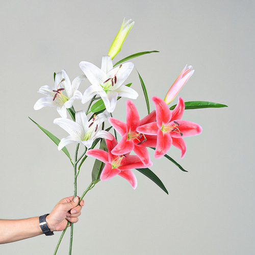 Simulation flowers single piece film 3 headed lily wedding celebration photography arrangement artificial flowers home decoration ornament manufacturer wholesale