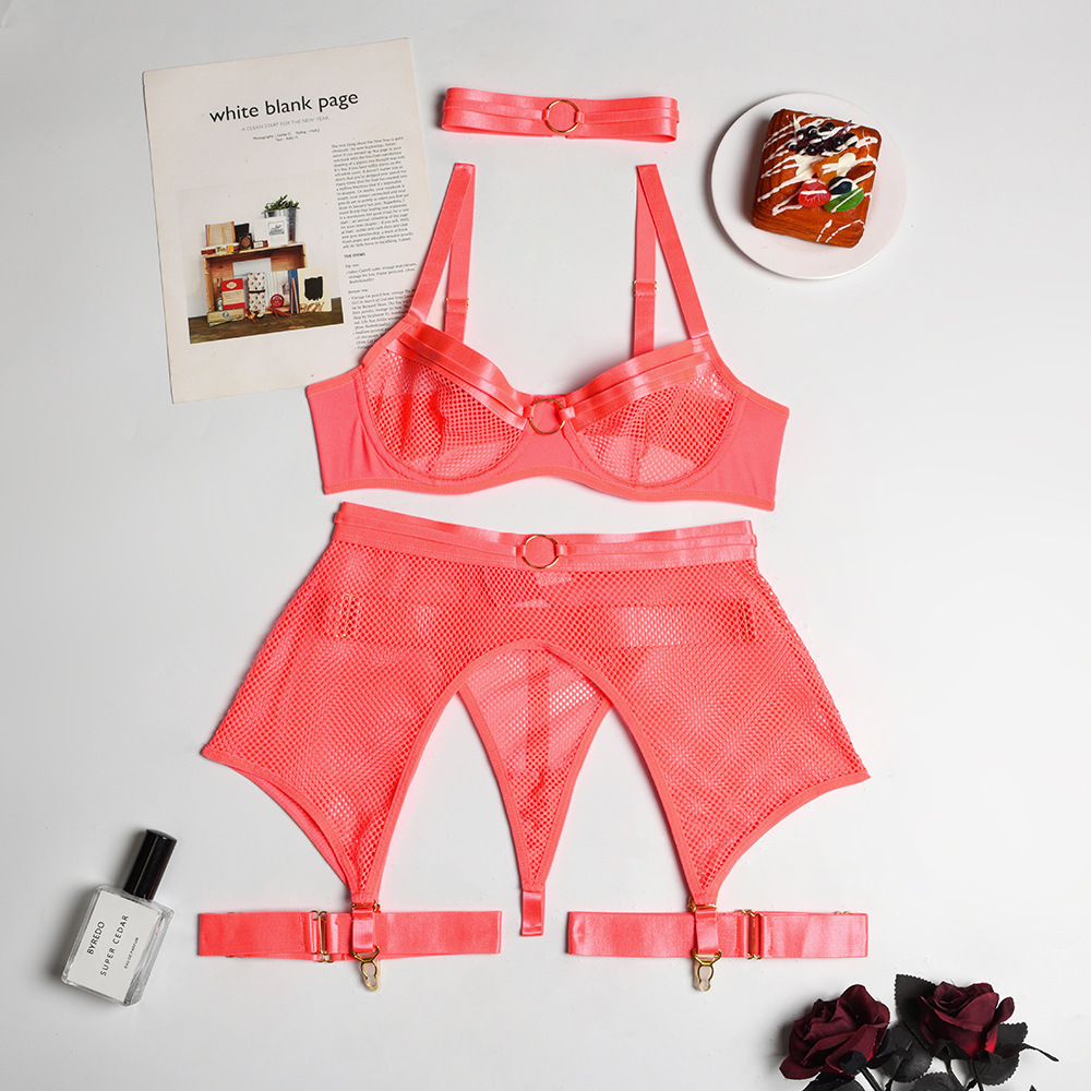 Hollow Metal Rings Stitching Solid Color Mesh See-Through Underwear Four-Piece Set NSMXF114546