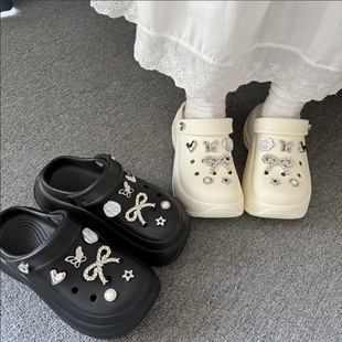DIY Sweet Cool Pearl Bow Hole Shoes Women's 2025 Summer Outer Wear Thick Sole Height Increased Breathable Eva Sandals