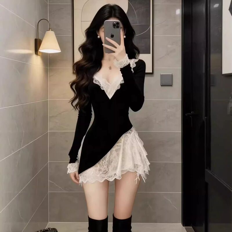 Black Lace Patchwork V-Neck Long-Sleeve Dress for Women, Spring Style, Elegant and Alluring, Waist-Cinching, Slimming Short Dress 2026 Black Lace Patchwork V-Neck Long-Sleeve Dress for Women, Spring Style, Elegant and Alluring, Waist-Cinching, Slimming Short Dress 2026
