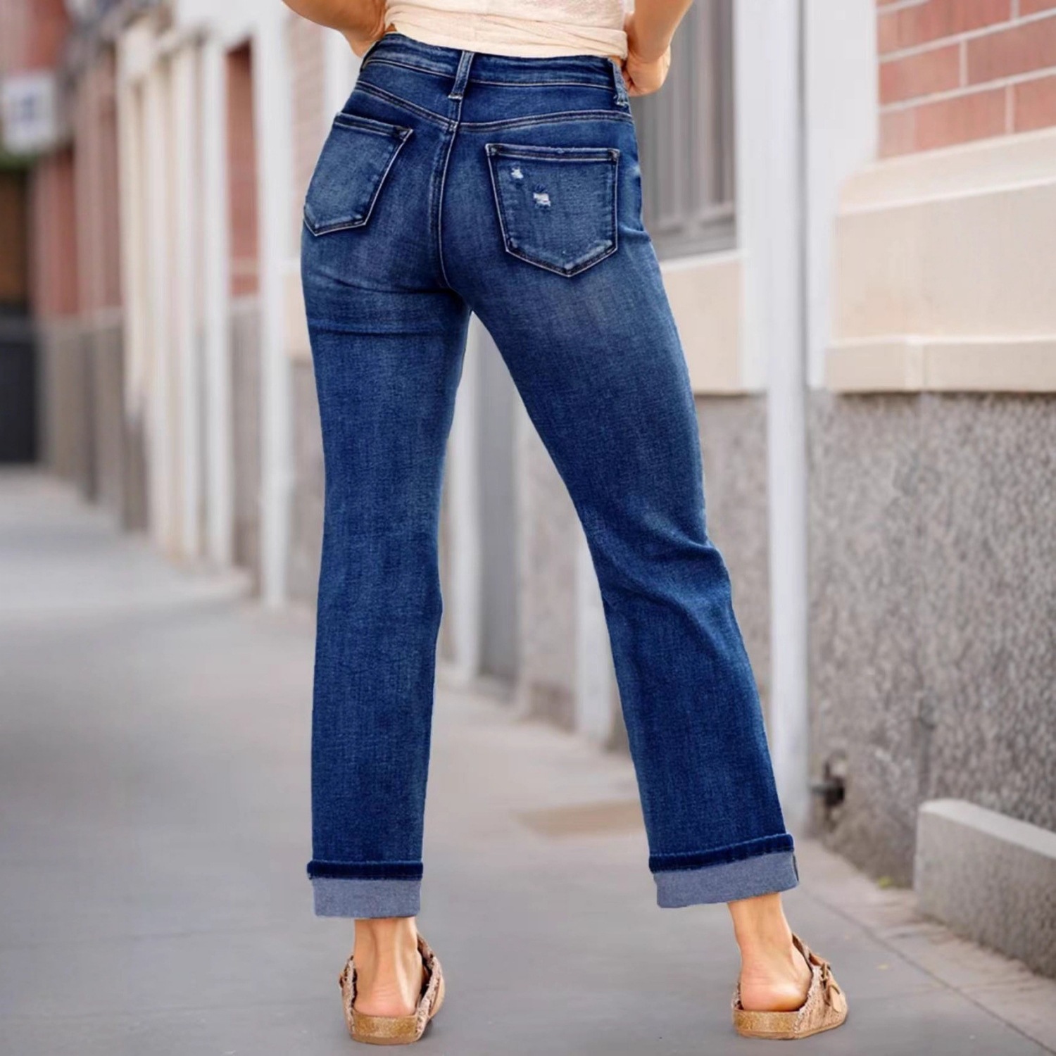 Women's Mid-Rise Straight Leg Jeans - Comfortable Distressed Denim Pants With Sandwashed Finish For Casual & Streetwear_ecoleips.com