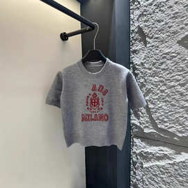 南油2025春夏新款P家短袖羊毛针织衫字母钩花圆领套头弹力春秋款